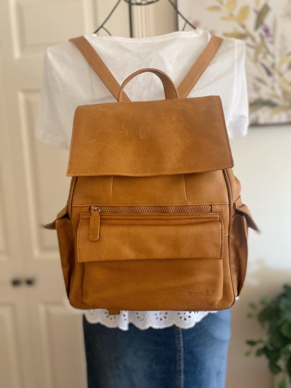 Tignanello Tan Leather Backpack with Front Zip Pocket